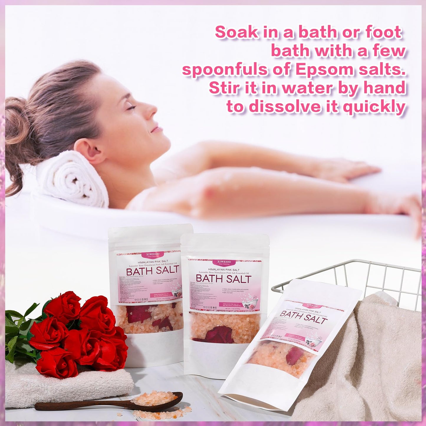 XIWEIOO Bath Salts KIT Pack of 3 Natural Epsom Salt Rose Essential Oils Relaxes and Better Sleep Himalayan Pink Salt Foot Soak Tea Tree Oil Himalayan Foot Bath Salts Set