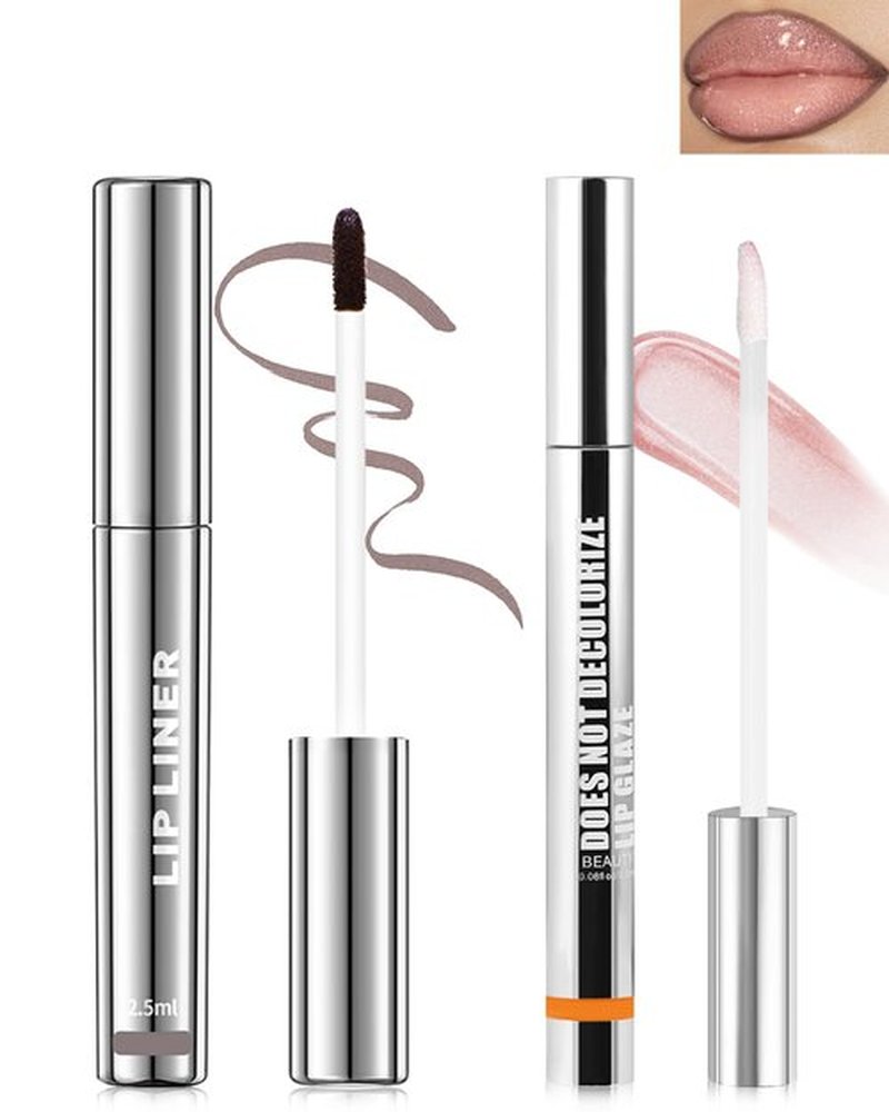 Peel Off Lip Liner Stain, Long Lasting Stay Waterproof Lip Tint Stain Peel Off, Cocoa Lip Liner Tattoo and Clear Glitter Lip Gloss Combo, Non-Stick Cup Nourishing Shimmer Lip Oil Lipstick Makeup-Set 4