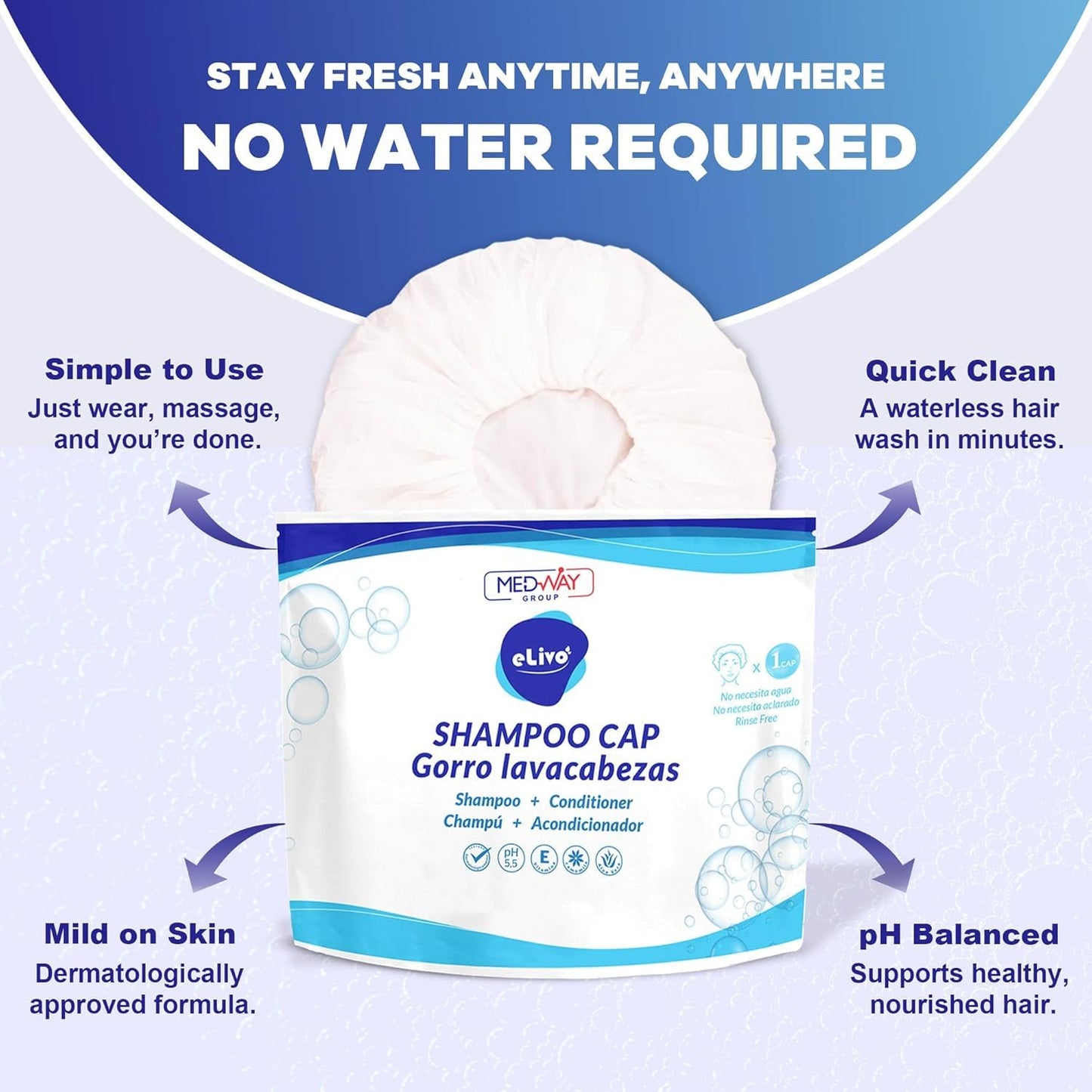 MedVance No Rinse Shampoo Cap, Rinse Free Shower Cap that Shampoos & Conditions, Elderly Care Products, Bedridden Patients, PH Balanced & Hypoallergenic, 3 Pack