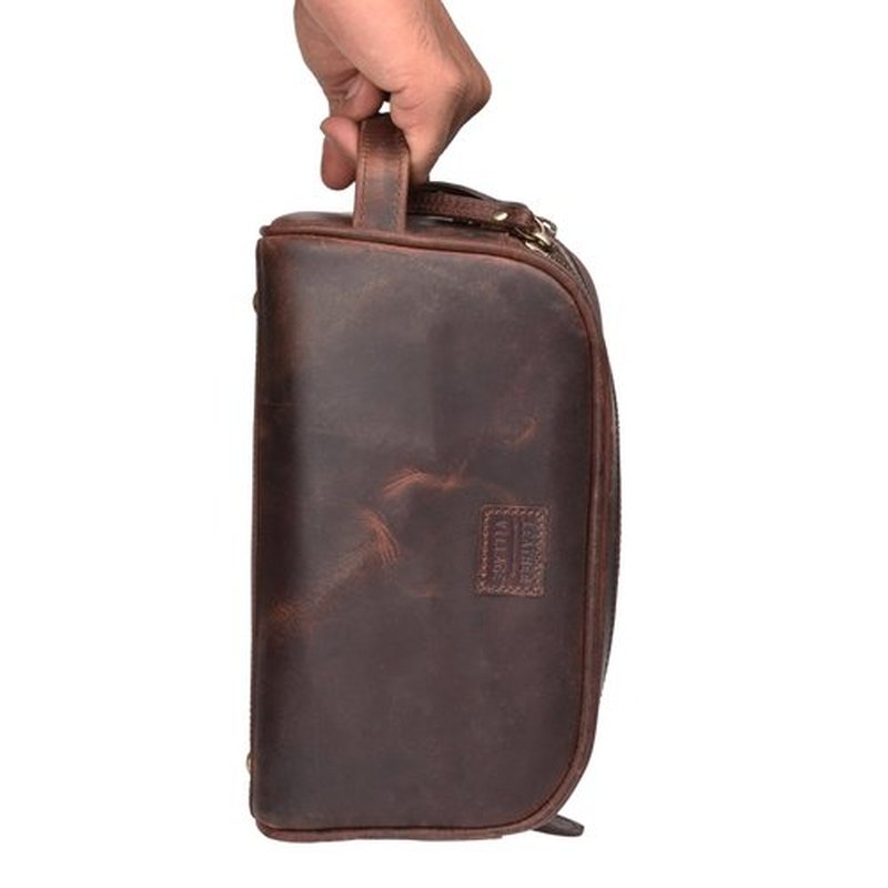 LEATHER VILLAGE Premium Leather Toiletry Travel Pouch With Waterproof Lining - Dark Brown | King-Size Handcrafted Vintage Dopp Kit Bag