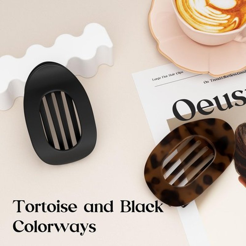 Oeusnael 2 PCS Flat Hair Clips, French Round Lay Down Claw Clips for Women Girls, Matte Non-slip Strong Hold Hair Clips for Thick Thin Curly Hair, Comfortable Curved Flat Hair Clips, Tortoise & Black
