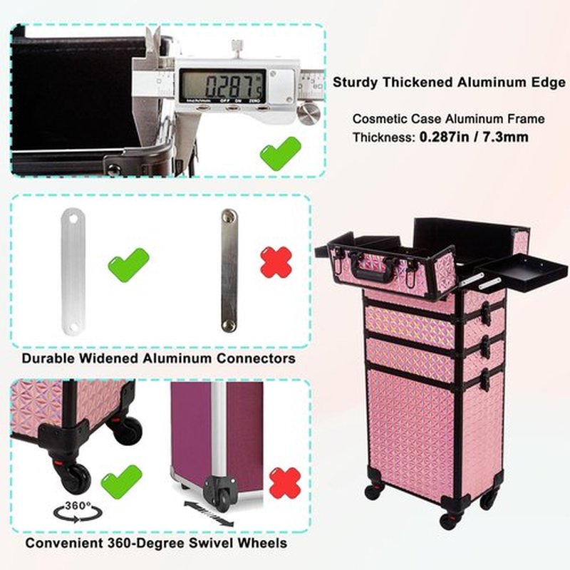 AROUS 5 in 1 Professional Makeup Train Case Aluminum Cosmetic Case Rolling Makeup Case Extra Large Trolley Makeup Travel Organizer, with 360° Swivel Wheels, Pink, JG0001