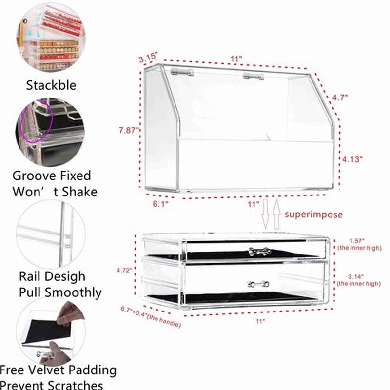 Cq acrylic Makeup Storage Organizer with Dust Water Proof Lid,Clear Cosmetics Display Case with 2 Drawers for Make Up & Skincare Products Storage for Dresser,Bathroom Countertop Organization,Set of 2