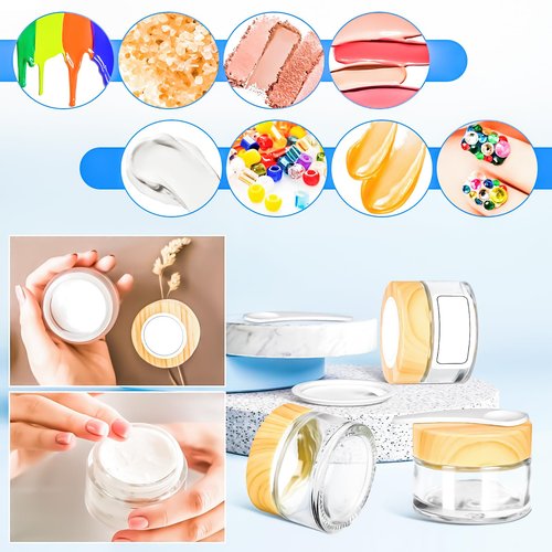 MotBach 6 Pack 1oz Glass Jars with Lids 60ml Mini Round Clear Glass Jars with Inner Liners and Spatulas, Travel Size Containers Jars for Toiletries Creams Makeup Cosmetic Sample Lotion (Woodgrain Lid)