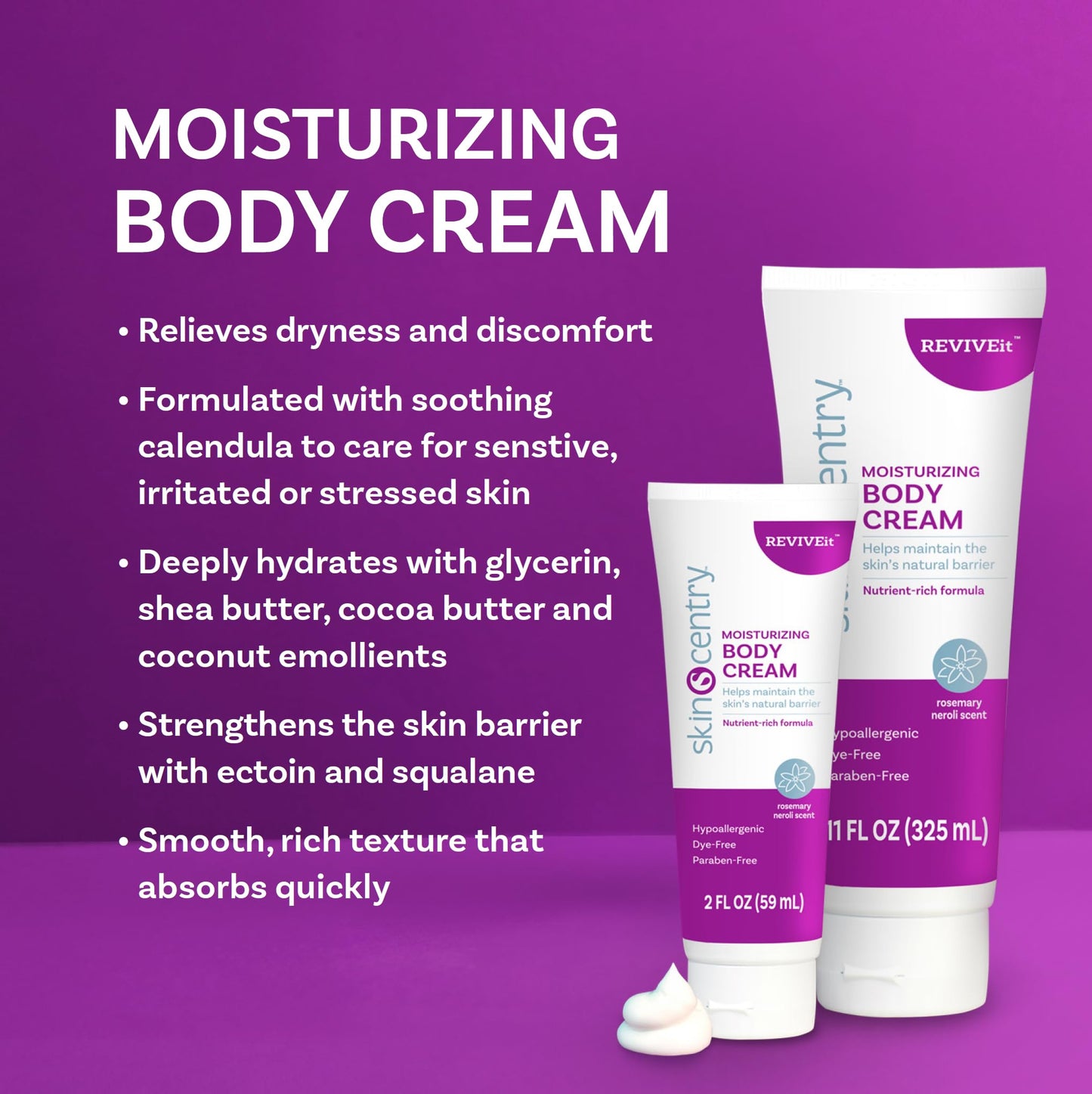SKINCENTRY Moisturizing Skin Cream - Hydrating Body Cream for Dry & Sensitive Skin, Hypoallergenic Lotion with Squalane, Ectoin & Calendula, Fast Absorbing, Non-Greasy, Rosemary Neroli Scent - 11 oz