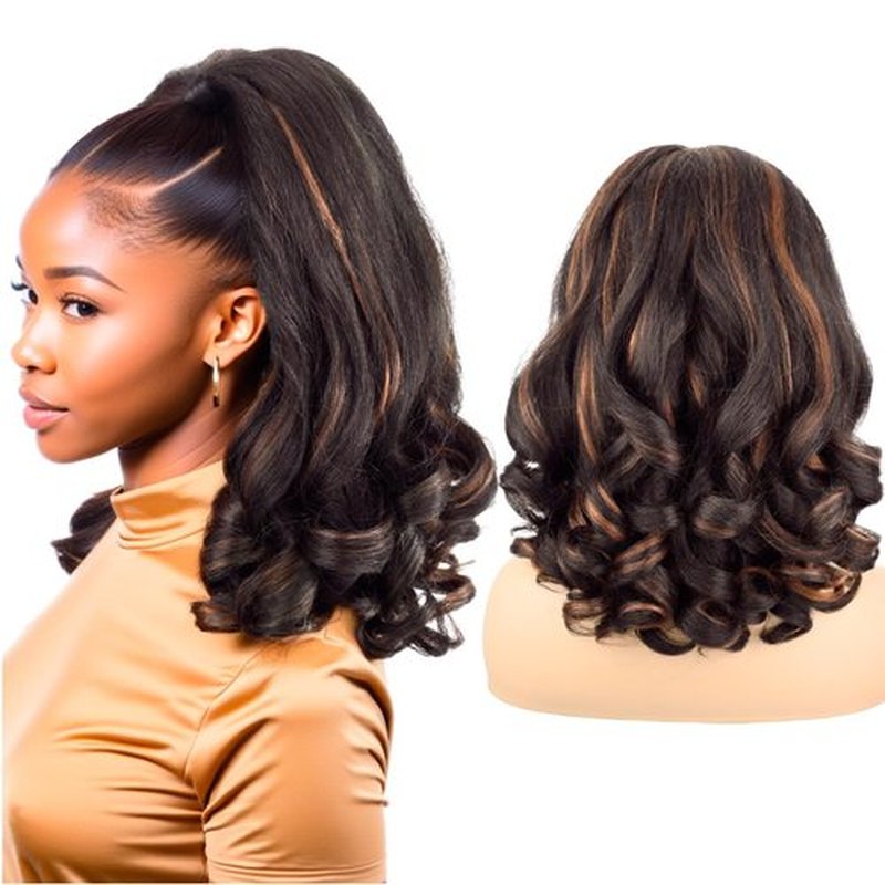UAmy hair Long Curly Drawstring Ponytail for Women 18inch Dark Brown with Highlights Loose Curly Ends Yaki Straight Drawstring Ponytail Synthetic Curly Yaki Pony Tail Hairpieces for Daily Use(4H30)