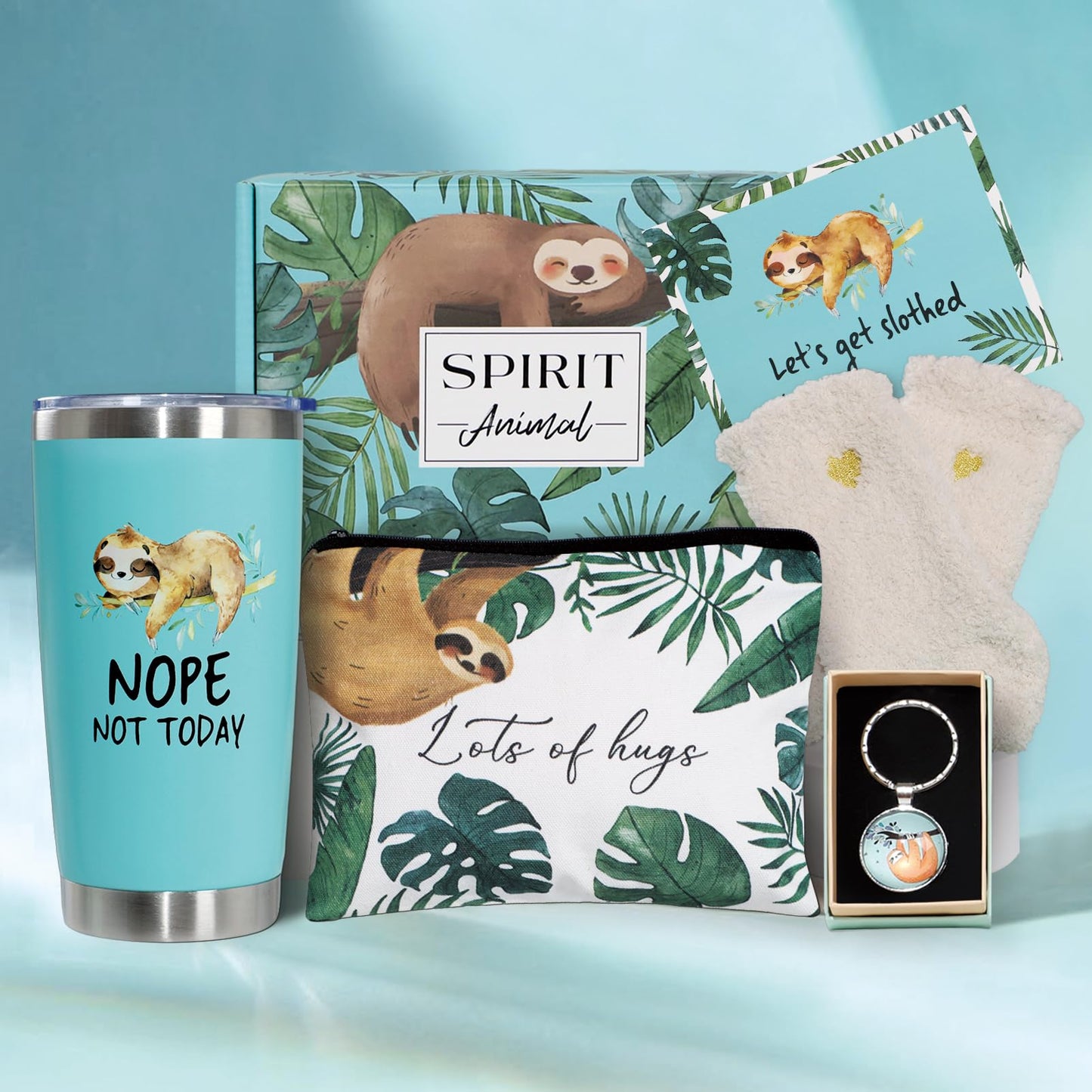 Frerdui Sloth Gifts for Women Girls, Christmas Birthday Presents Basket Stuff for her Mom Adults Girlfriend Friend Bestie Coworker - Funny Coffee Wine Tumbler Cup Mug with Socks Keychain Makeup Bag