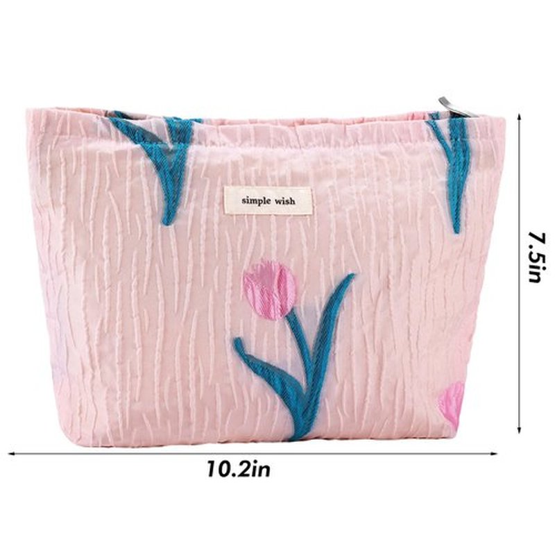 ZLFSRQ Tulip Makeup Bag Travel Cute Pink Flower Floral Cosmetic Bags for Women Large Embroidery Makeup Pouch Zipper Cosmetic Pouch for Purse Aesthetic Makeup Organizer Bag Portable Toiletry Bag