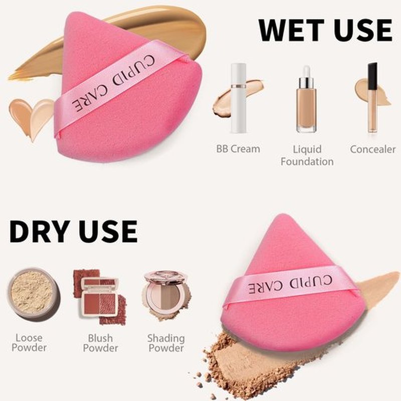 CUPID CARE 6 Pcs Triangle Powder Puff with 2 Travel Cases, Setting Powder Puffs for Face Powder and Foundation, Velour Makeup Puff for Loose Powder Body Powder, Skin-Friendly, Beauty Makeup Tools-Red