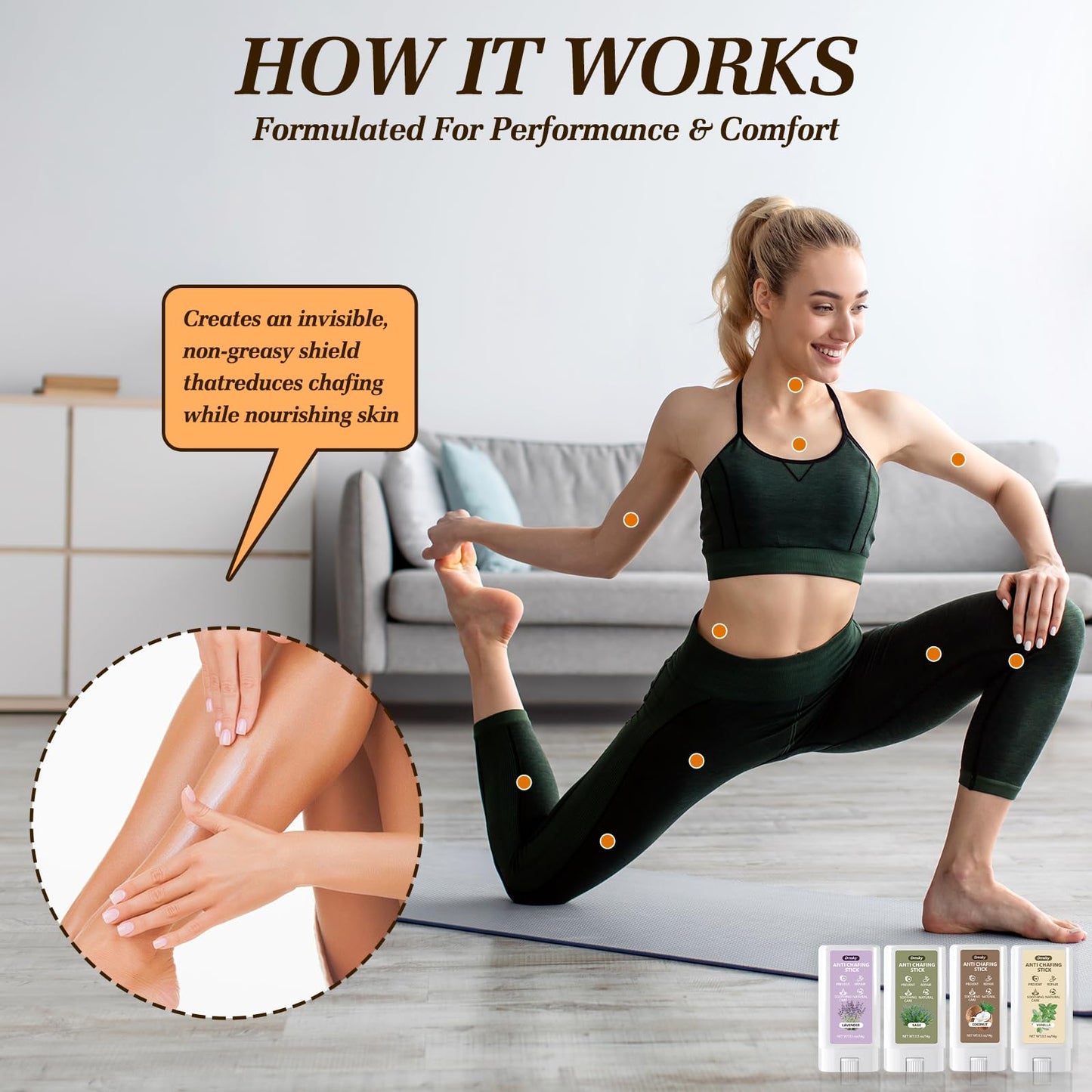 Dmsky 4 Flavors Anti Chafe Balm,Anti Chafing Stick for Men and Women,Chafing Stick with Added Emollients for Dry, Sensitive Skin,Use on Arm,Underarm,Chest,Bra Line,Thigh Chafing,Mini 0.5 OZ