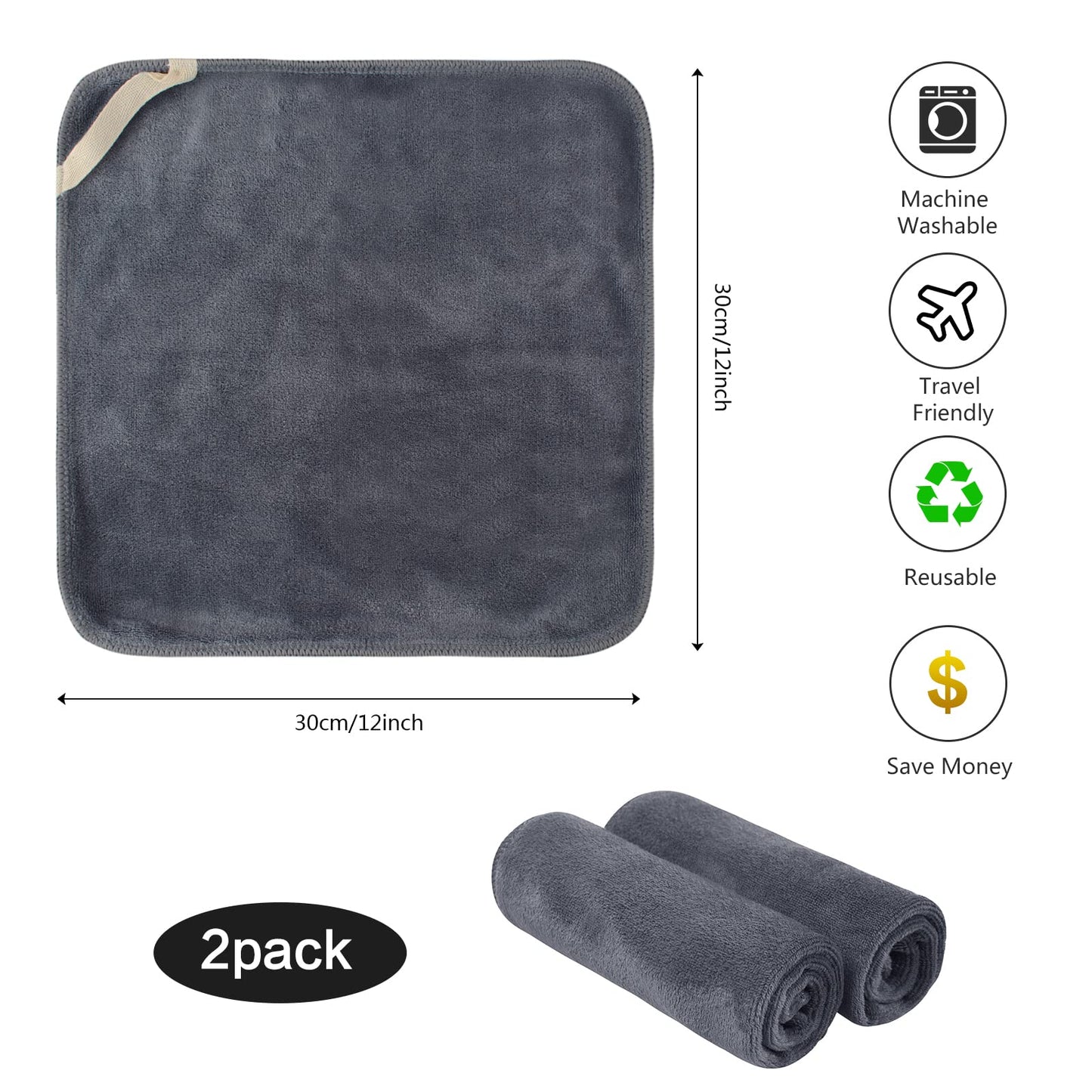 SINLAND Microfiber Facial Cloths Fast Drying Washcloth 12inch x 12inch Grey 10 pack
