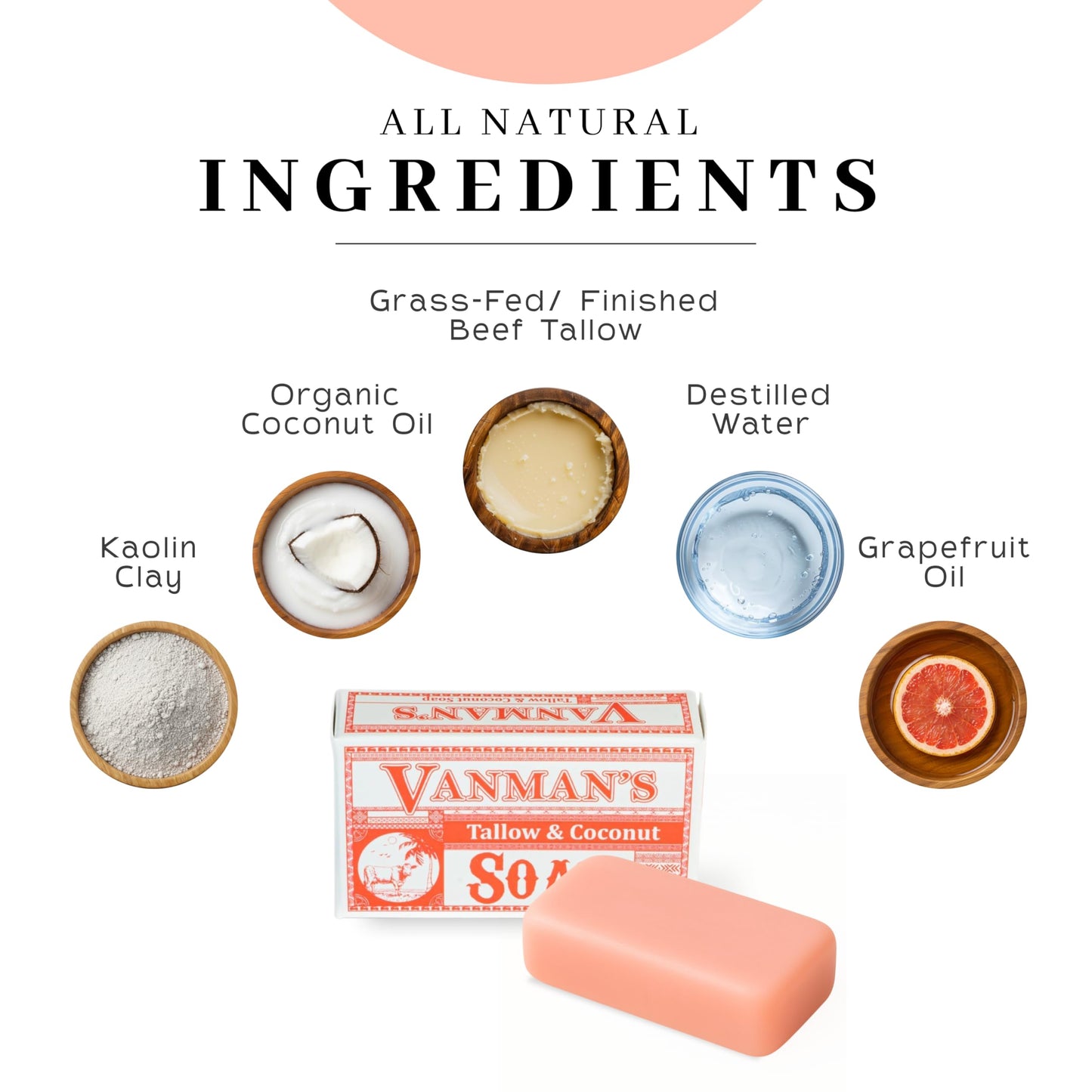 VanMan Beef Tallow and Coconut Oil Bar Soap – Pure Grass-Fed Beef Tallow Soap with Coconut Oil & Kaolin Clay, Subtle Grapefruit Scent, Hydrating & Nourishing, Clean Ingredients, 3.8oz - 5 Pack