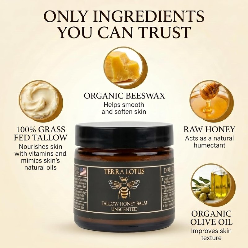 Organic Grass-Fed Beef Tallow Balm with Raw Honey - All-Natural Moisturizer for Soft Skin | 2 Oz, Lavender