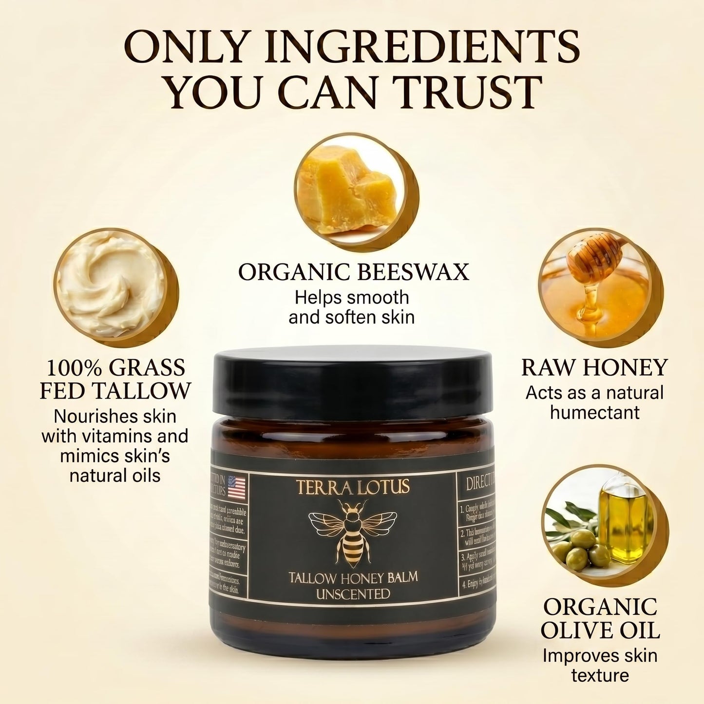 Terra Lotus - Organic Grass-Fed Beef Tallow Balm with Raw Honey - Moisturizing Cream for Soft, Smooth Skin - Handmade All-Natural Moisturizer (2 Oz, Vanilla)