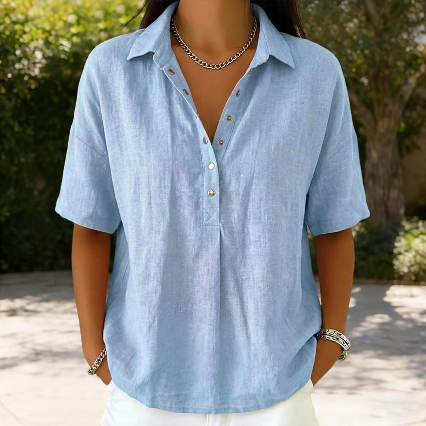 Linen Button Down Shirt Women,Cotton Linen Tops for Women Button Down V-Neck Short Sleeve Gauze Shirts Summer Casual Beach Vacation Blouses 2026 Light Blue