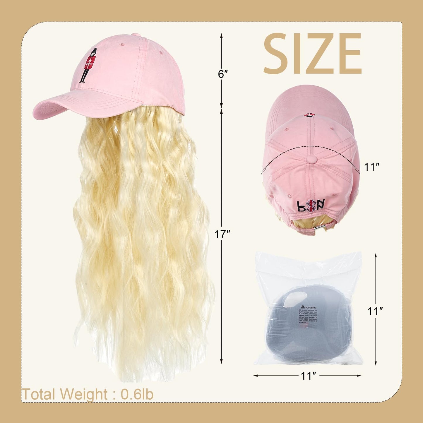 SUNBORRY Hat Wig for Women Baseball Cap with Hair hat with hair attached for women Extensions Adjustable Hat Attached 39" Long Wavy Hairpieces Synthetic Wig