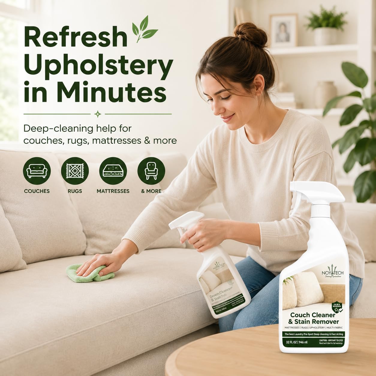 NOYATECH Couch Cleaner and Stain Remover Spray – Professional Strength, Multi-Surface Fabric and Upholstery Cleaner – Pet-Safe, Non-Toxic, Quick-Drying for Couches, Sofas & Car Interiors.