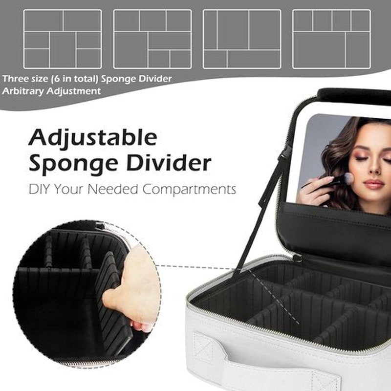 MOMIRA Travel Makeup Bag Cosmetic Bag Makeup Organizer Bag with Lighted Mirror, Adjustable Brightness in 3 Color Scenarios, Waterproof Makeup Train Case, Gift for Women - Silver