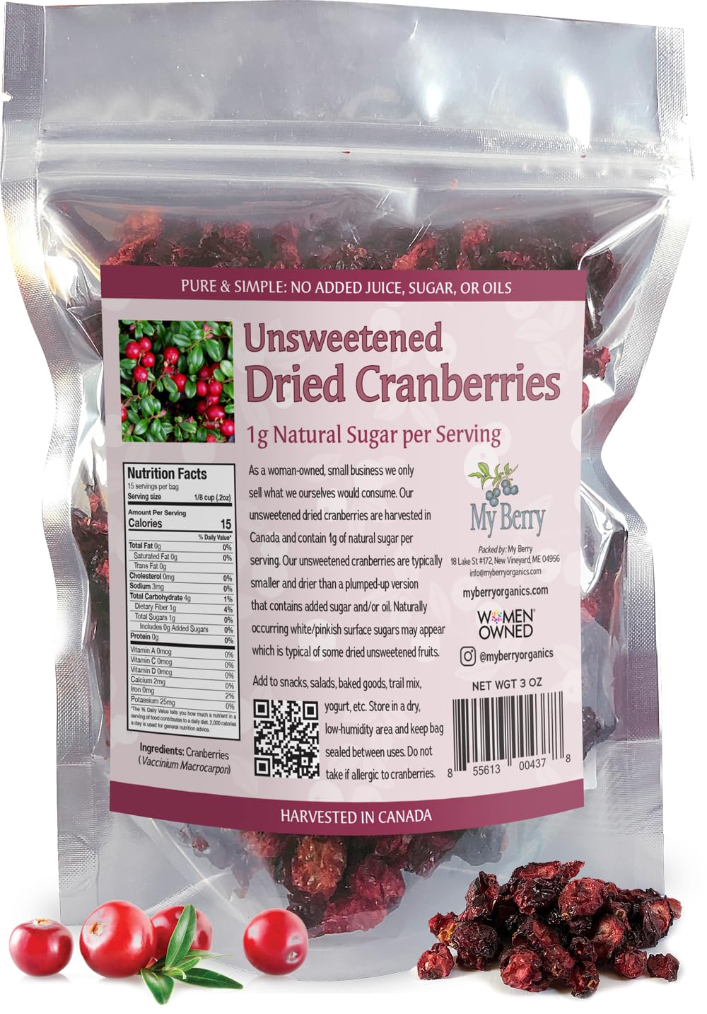 Unsweetened Dried Cranberries by My Berry | 3oz | Naturally Tart: 1g Natural Sugar Per Serving | Non-GMO | No Added Sugar, Juice or Oils | More Berries Per Ounce Than Sweetened Berries | Canadian Grown | Woman-Owned Small Company