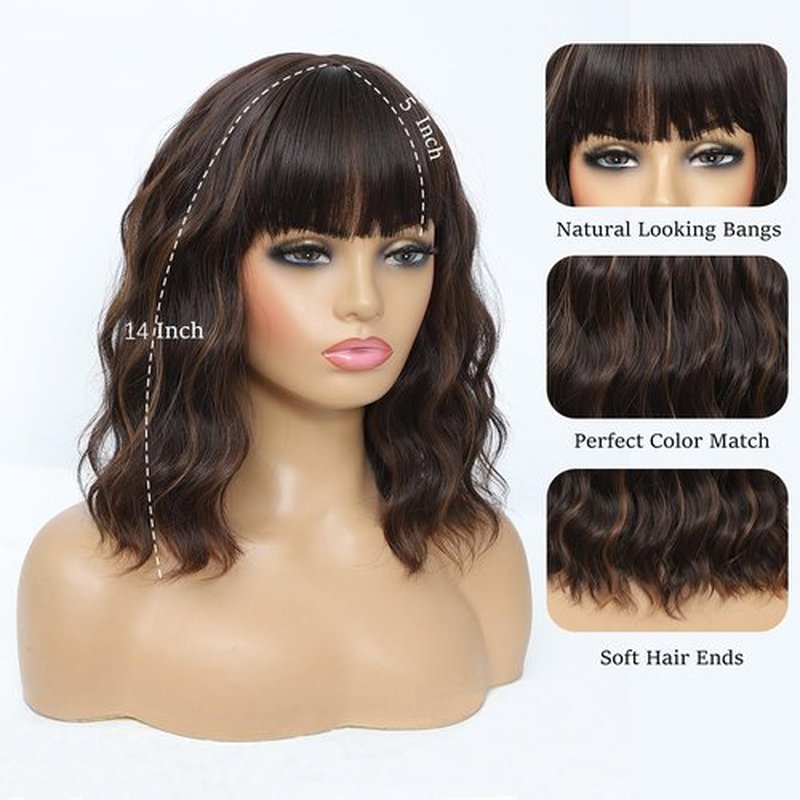 Amarlis 14 Inch Brown Highlight Bob Wig with Bangs for Women, Natural Looking Heat Resistant Synthetic Bob Wigs for Daily Party Use