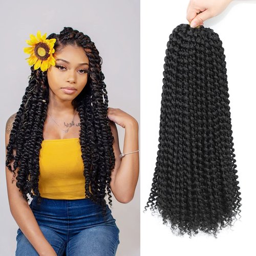 Passion Twist Hair 18 Inch Water Wave Black Color Synthetic bohemian knotless braids for Bomb Twist Locs Crochet Braiding Hair Long Curly Hair 7 Packs (18inch, 1B)