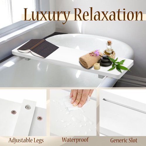 Stylish White 1.2IN Thickened Board Bamboo Bathtub Tray Caddy with Adjustable Legs, Minimalistic Design Bath Tray for Tub, Bathtub Accessories, Fits Most Bath Tubs, Ideal for Women
