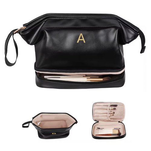 Vogewood Gifts for Women, Initial Large Makeup Bag, Travel Essentials, Personalized Double Layer Cosmetic Bag with Makeup Brush Organizer, PU Leather Travel Toiletry Bag, Gifts for Friends Female Mom