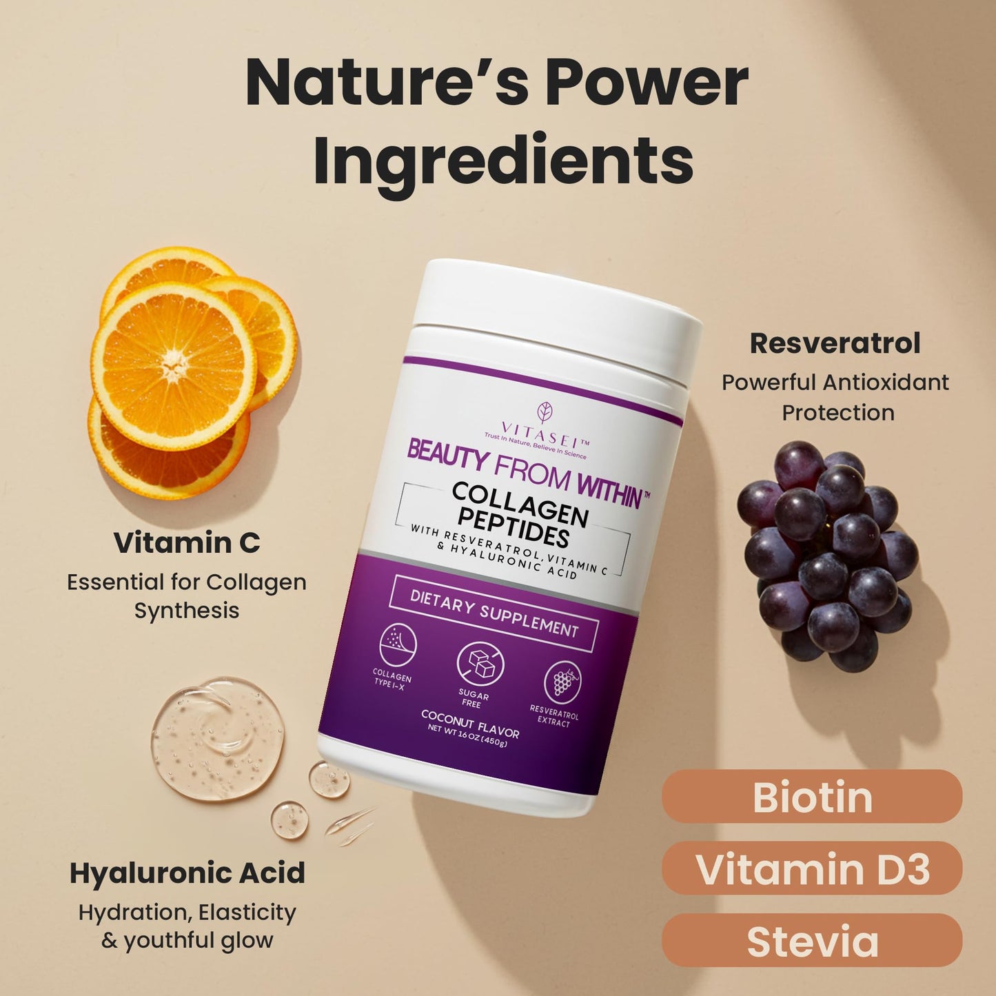 VITASEI Collagen Peptides Powder – Hydrolyzed Collagen with Resveratrol, Vitamin C & Hyaluronic Acid – Hair, Skin, Nails & Joint Support – Coconut Flavor, 16 oz (30 Servings)