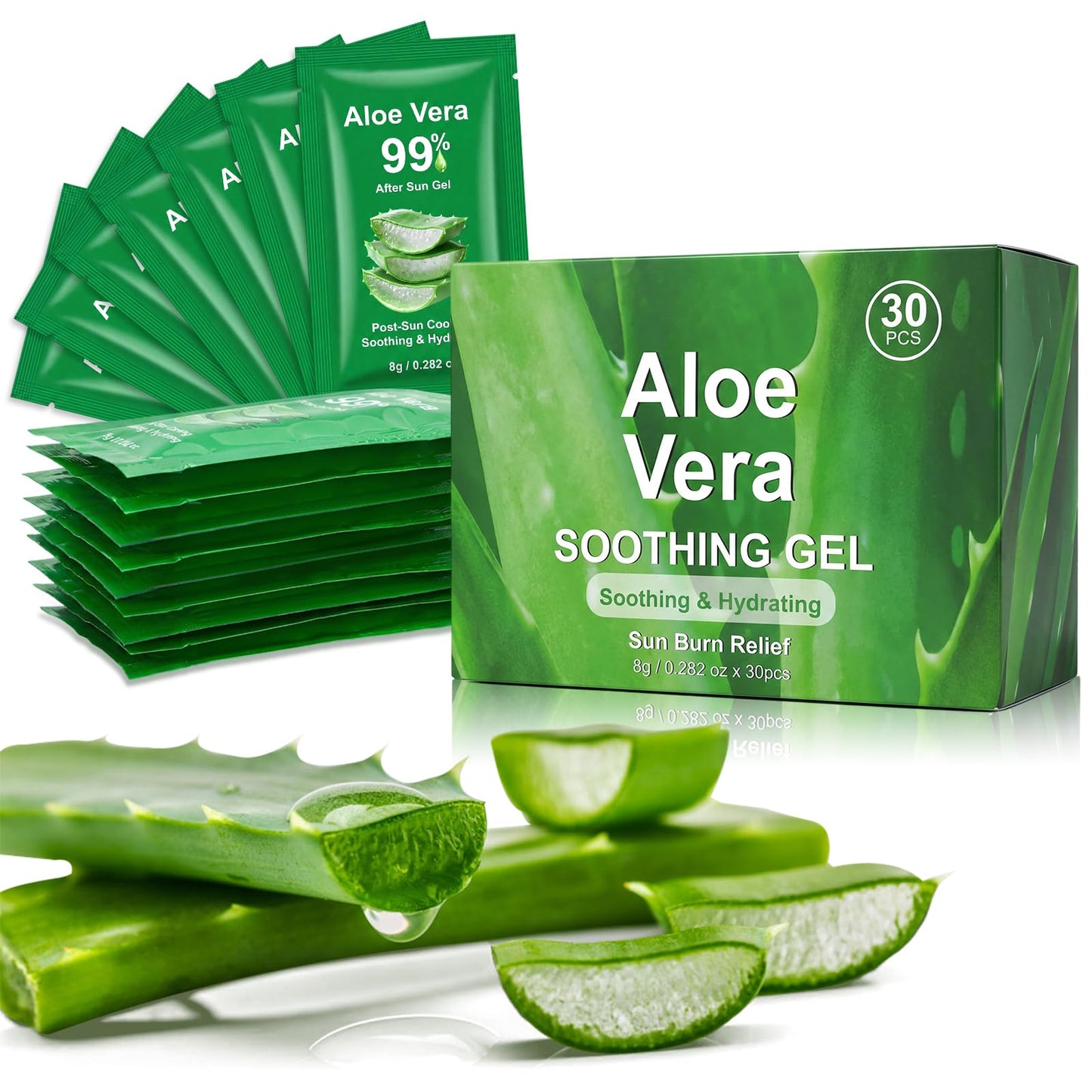 Jutqut 30 Packs Aloe Vera Gel Sachet - 99% Organic Aloe Vera Juice for Face & Body, Deeply Hydrating & Calming, Fast Absorbing, Refreshing Non-Greasy, Sunburn Relief & After-Sun Care