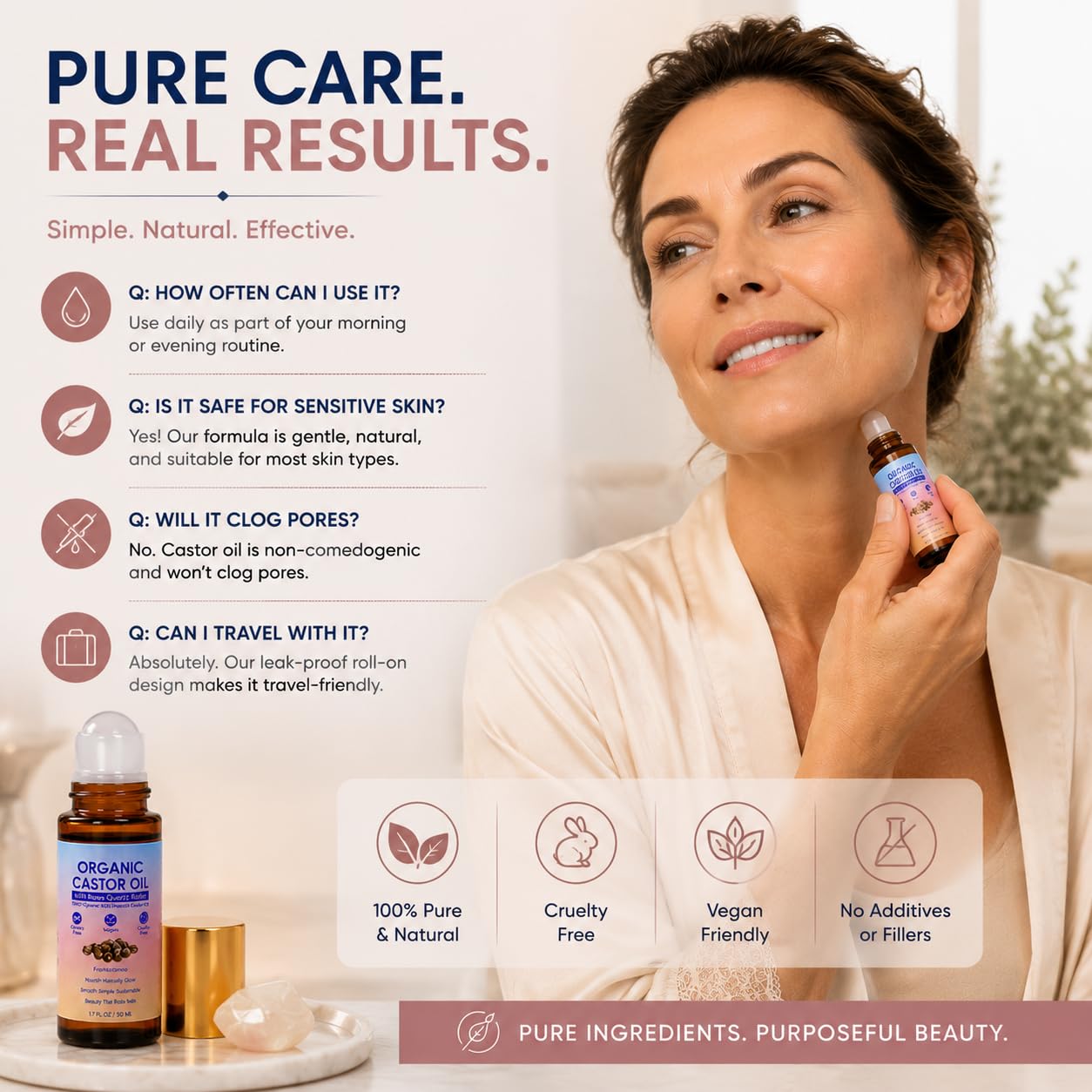 TOGOLIUN Organic Castor Oil Roll On with Rose Quartz Roller Ball, Cold-Pressed Hexane-Free, 100% Pure, Unscented Golden Castor Oil for Face, Neck, Brows, Lashes & Body, Unscented, 1.7 Fl Oz