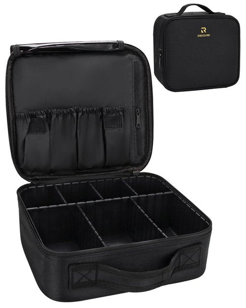 Relavel Makeup Bag, Makeup Organizer Bag Travel Train Case Portable Cosmetic Artist Storage Bag with Adjustable Baffle for Makeup Brush Jewelry (Black)