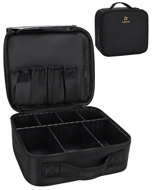 Relavel Makeup Bag, Makeup Organizer Bag Travel Train Case Portable Cosmetic Artist Storage Bag with Adjustable Baffle for Makeup Brush Jewelry (Black)