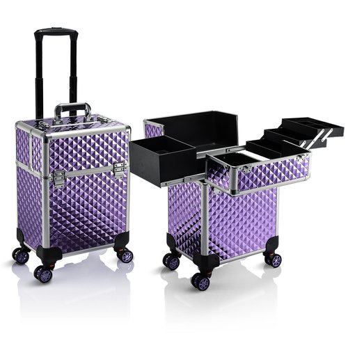 Stagiant Aluminum Rolling Makeup Train Case Large Organizer Cosmetic Trolley 4 Tray Sliding Rail Removable Middle Layer with Key Spinner Wheels Salon Barber Storage Case - Purple Diamond