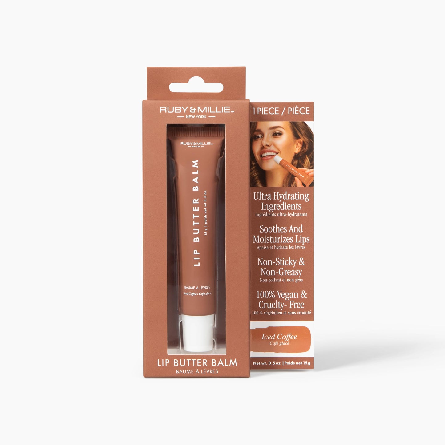 Ruby & Millie Tinted Lip Balm Ice Coffee - Hydrating Moisturizing Lip Butter Balm Treatment - Glossy Vegan Lipbalm 0.5 Oz
