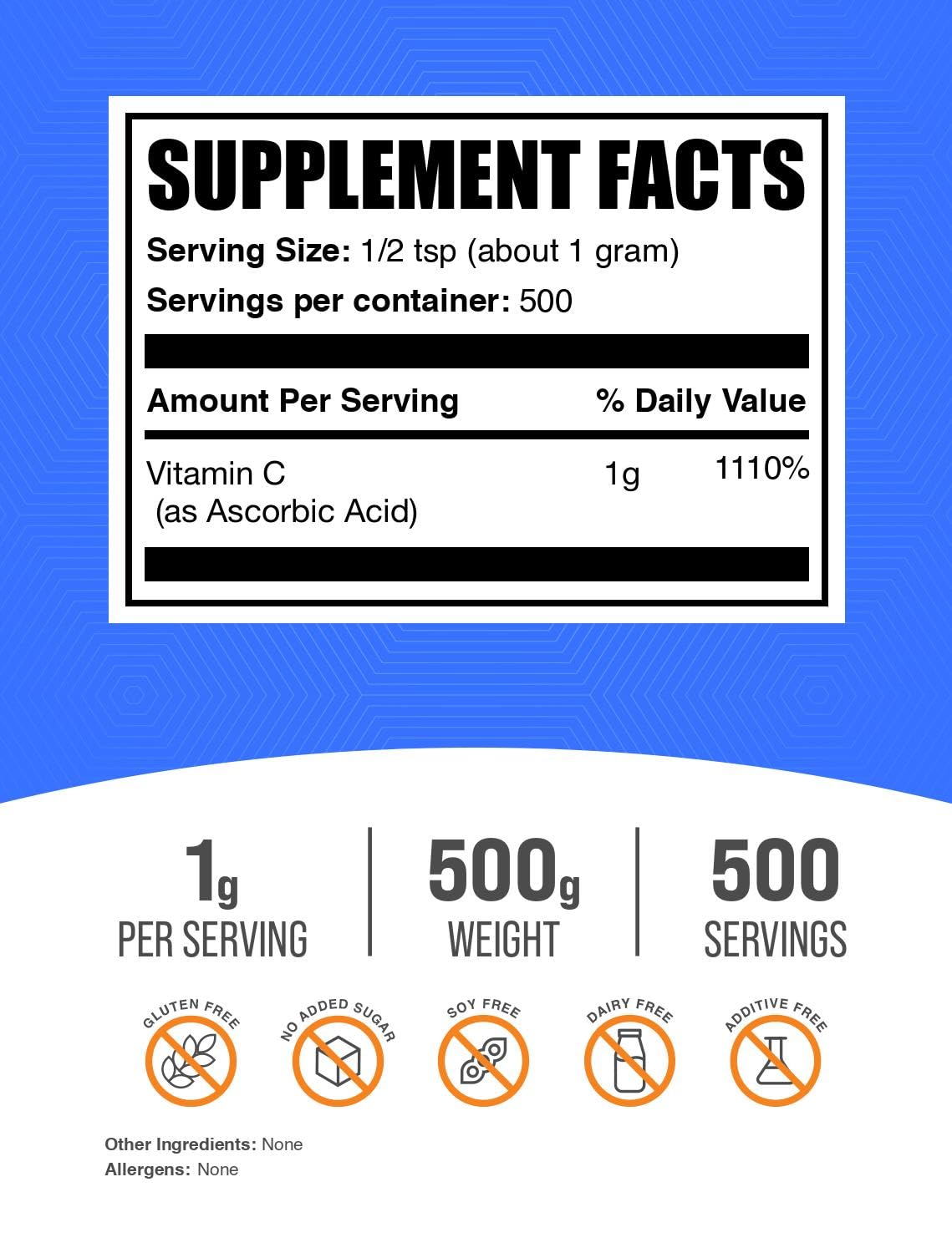 BulkSupplements.com Ascorbic Acid Powder - Vitamin C Supplement, for Immune Support - Ascorbic Acid Food Grade, Gluten Free, 1g per Serving, 500g (1.1 lbs) (Pack of 1)