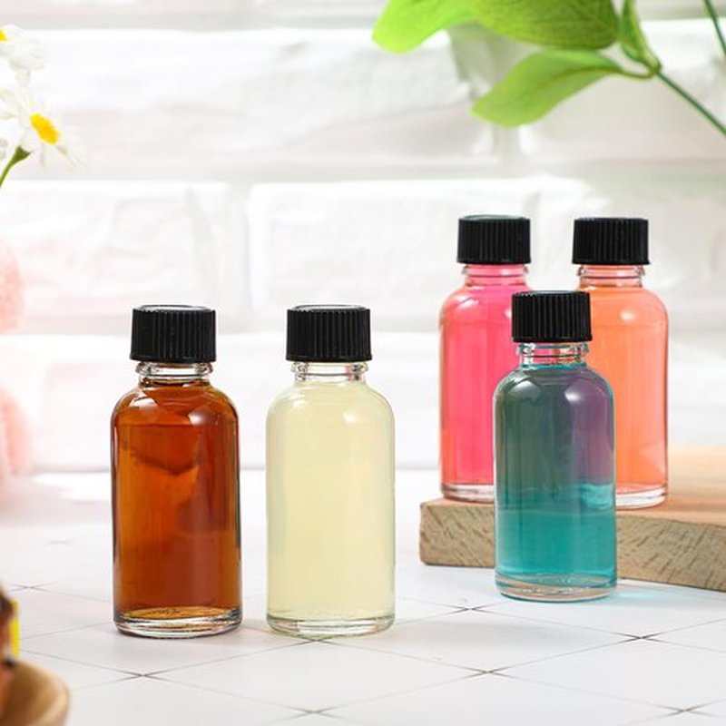Hsei 72 Pcs 1 oz Glass Bottle with Black Cap Clear Sample Boston Round Bottle Small Glass Containers with Lids 1 Ounce Bottles with Funnel Chalk Labels Pen for Vanilla Extract Essential Oils