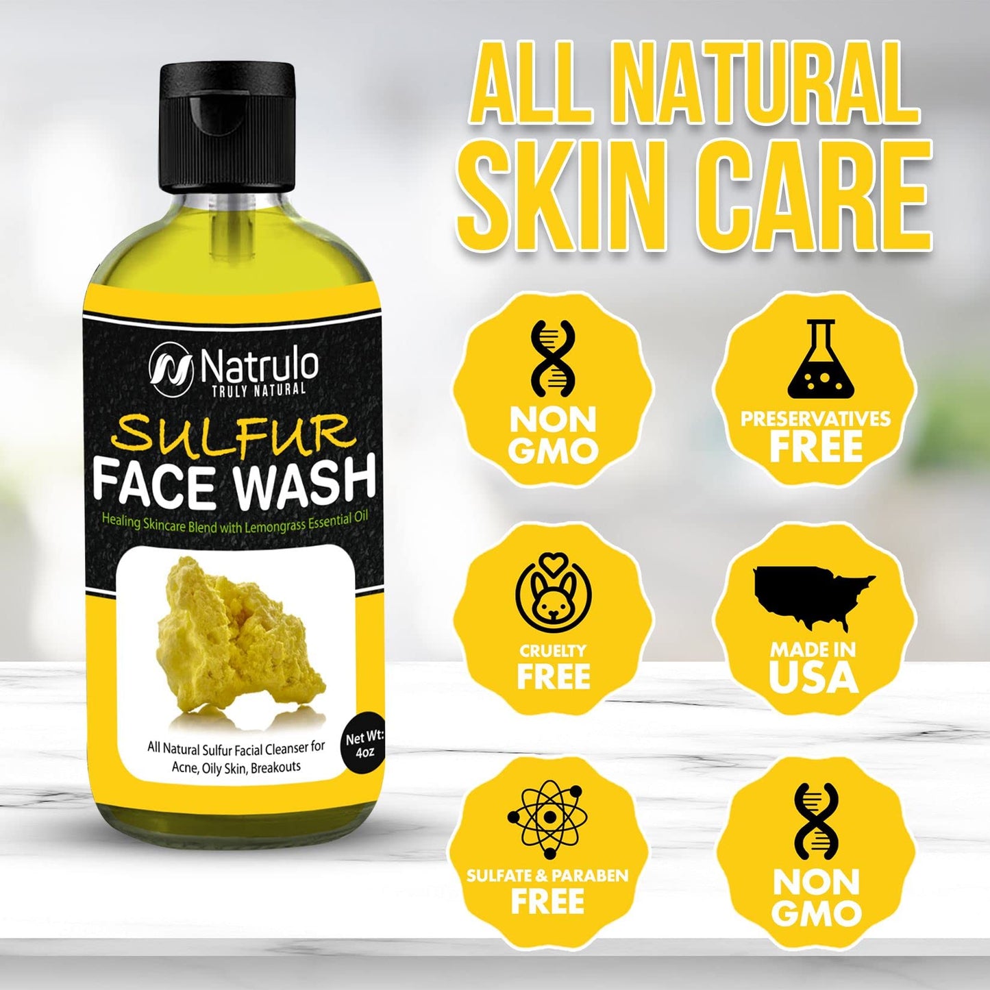 Sulfur Face Wash for Acne – All Natural Sulfur Facial Cleanser for Oily Skin, Breakouts – Healing Skincare Blend with Lemongrass Essential Oil – 4oz Mattifying Cleansing Soap Liquid, Made in USA