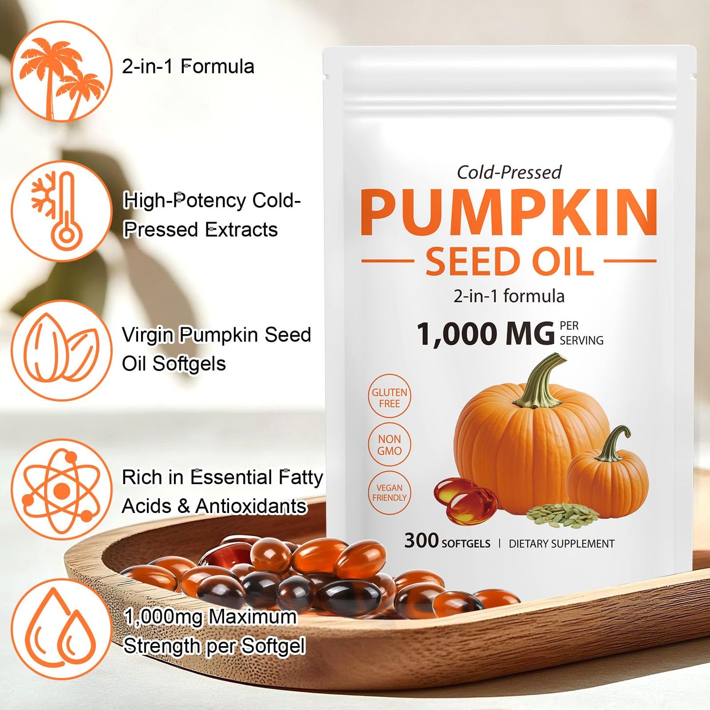Pumpkin Seed Oil Capsules for Hair Growth, 300 Softgels for Prostate Health & Hormone Balance, Cold Pressed Pure Virgin Oil, Urinary Support, Skin Care,Non-GMO