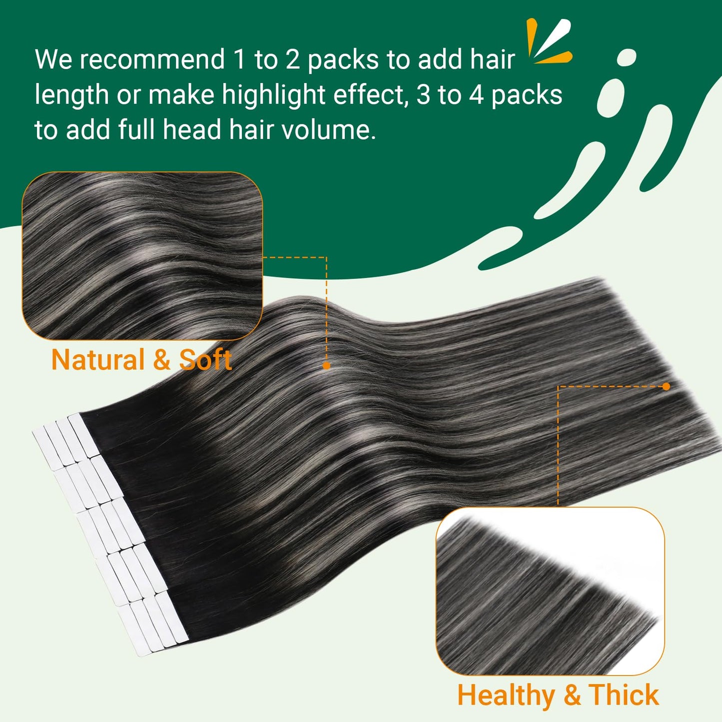 Easyouth Tape in Hair Extensions Black Silver Tape in Extensions Human Hair Ombre Black to Silver Hair Extensions Real Human Hair Tape in Balayage 12 Inch 20Pcs 30g