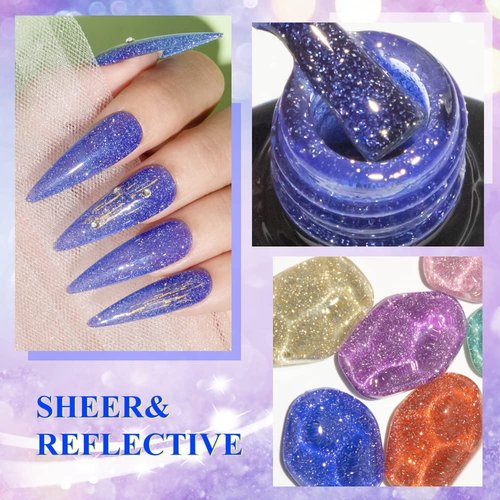 MIZHSE Reflective Jelly Gel Nail Polish 6 Pcs, Glitter Diamond Flash Disco Gel Polish Sparkle Pink Gold Green, Macaron Pink Purple Green Blue Soak Off UV LED Home Salon Manicure Set 7ml