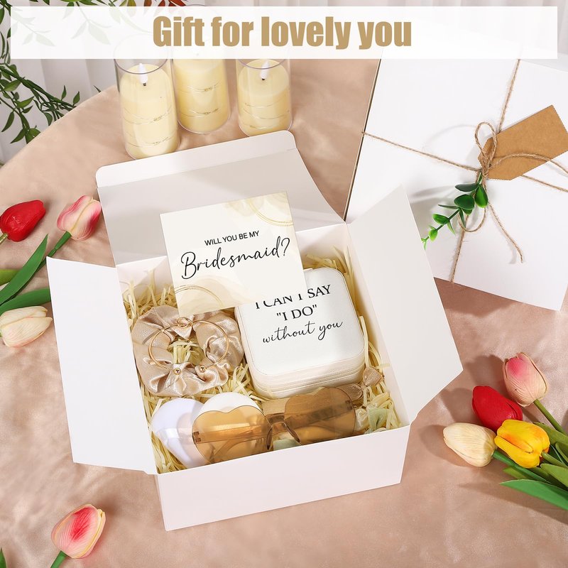 Fingertip WD 81 Pcs Bridesmaid Proposal Gift Jewelry Box Including Bridesmaid Bridal Hairband Sunglasses Powder Puff Bridesmaid Cards Gift Box for Wedding Champagne