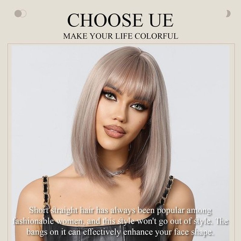 Tangyaoyusun 12Inch Black Wig with Bang Short Straight Bob Hair For Girls Women Theme Party (Silver Gray)