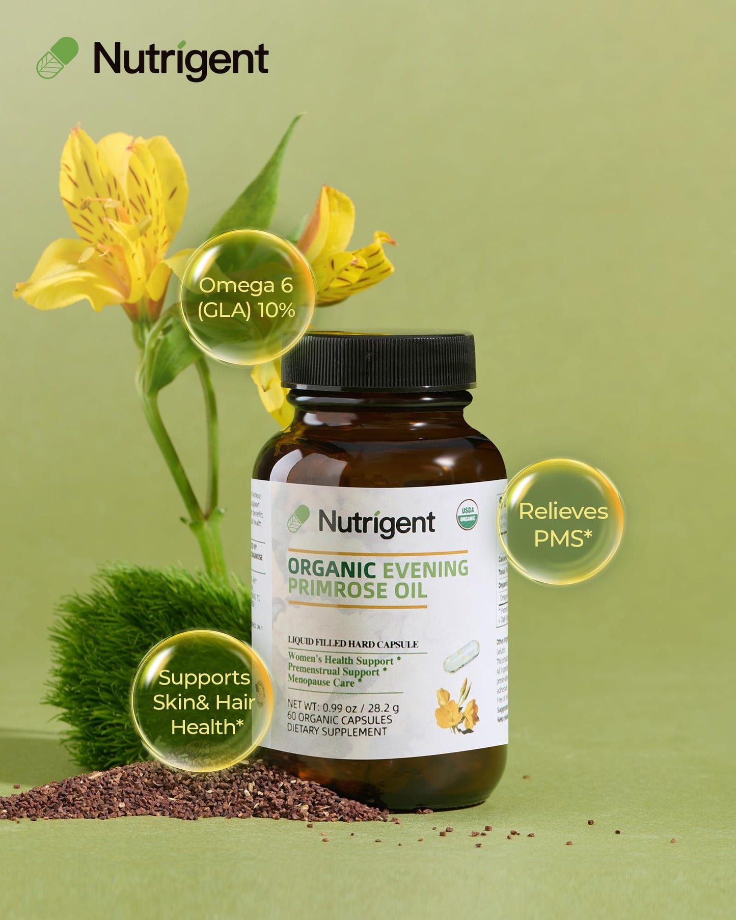 Nutrigent Organic Evening Primrose Oil Supplement, 940 mg 100% Pure with 10% GLA, High Absorption Liquid Organic Capsules, Promotes Women's Health & Skin Health, Cold Pressed, 60 Count