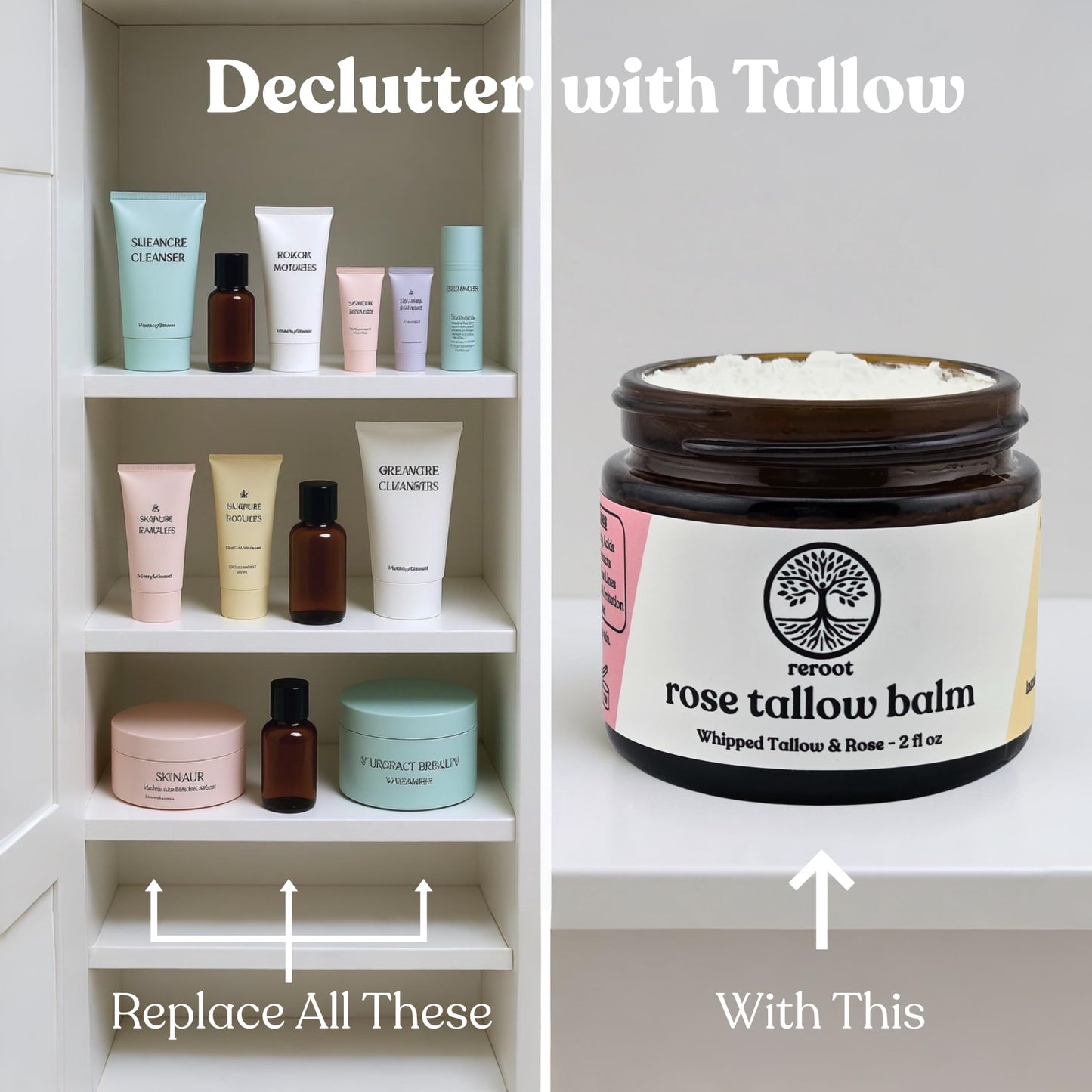 Beef Tallow Balm for Skin | ROSE TALLOW BALM | 3 Ingredients - 100% Grass Fed Tallow, Jojoba Oil, Rose Oil | Whole Body & Face Moisturizer | Whipped | Aging Skin & Eczema (2oz) (2oz, Rose)