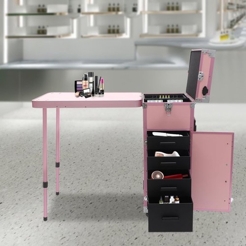 WBGANG Makeup Train Case With 4 Universal Wheels,Portablel Makeup Suitcase With Drawers,Unfold Table And Makeup Mirror,Rolling Cosmetic Storage Organizer For Makeup Artist,Hairstylist,Etc (Pink)