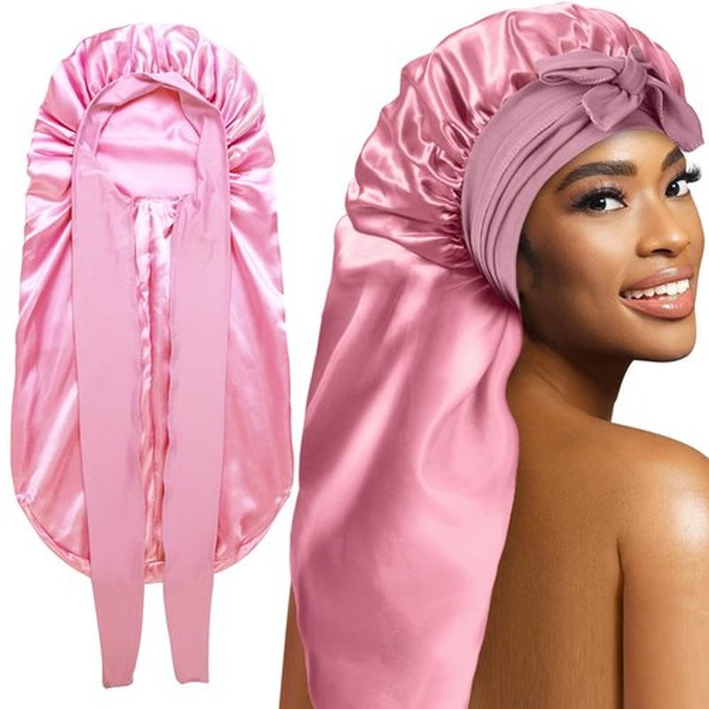 2Pcs Bonnets for Black Women Braid Bonnet, Large Long Bonnet Satin Bonnet for Braids,Black Women Silk Bonnet with Stretchy Tie Band Braid Bonnet for Sleeping Extra Long (Pink & Rose Pink)