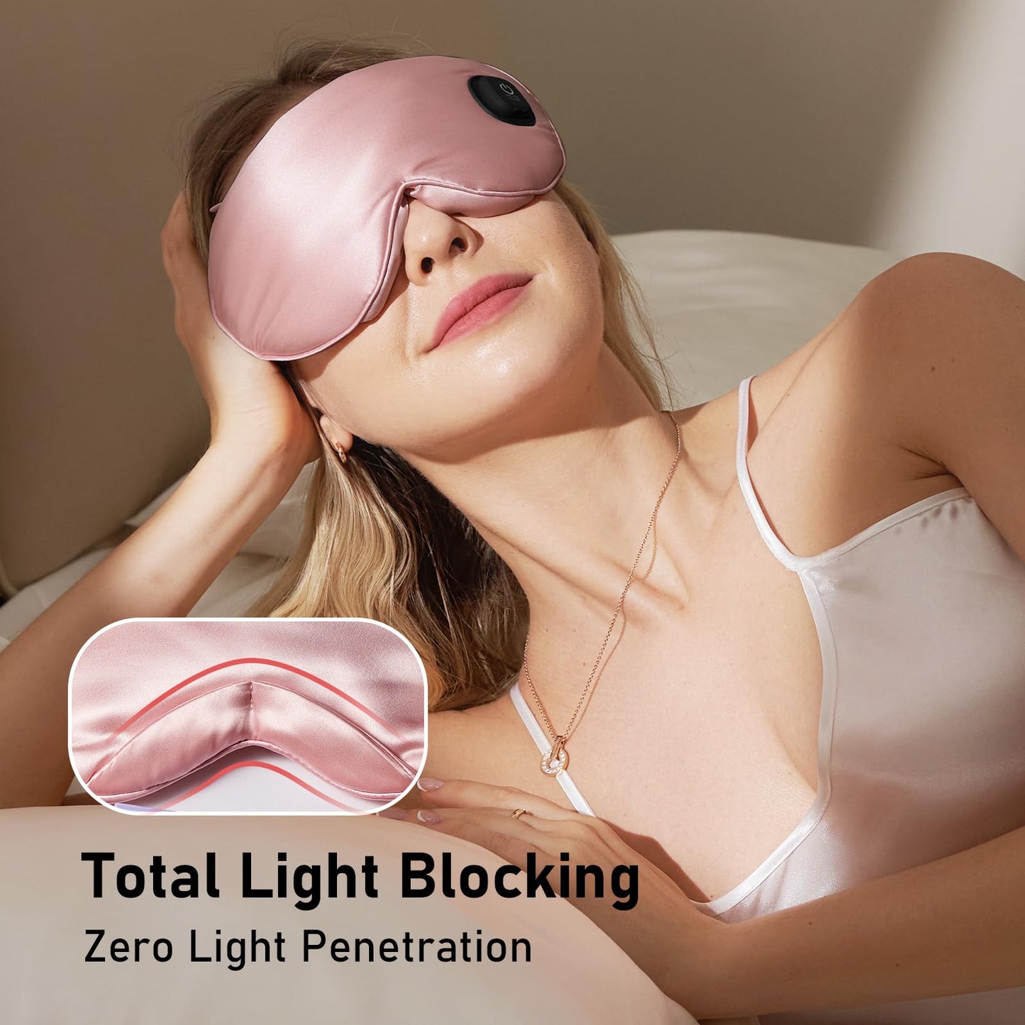 LitBear Heated Eye Mask, Silk Cordless Warm Eye Compress for Dry Eyes, Light Blocking Heat Eye Mask for Women Men, Soft Eye Heating Pad for Dry Eyes, Travel, Rechargeable, Washable Cover (Pink)