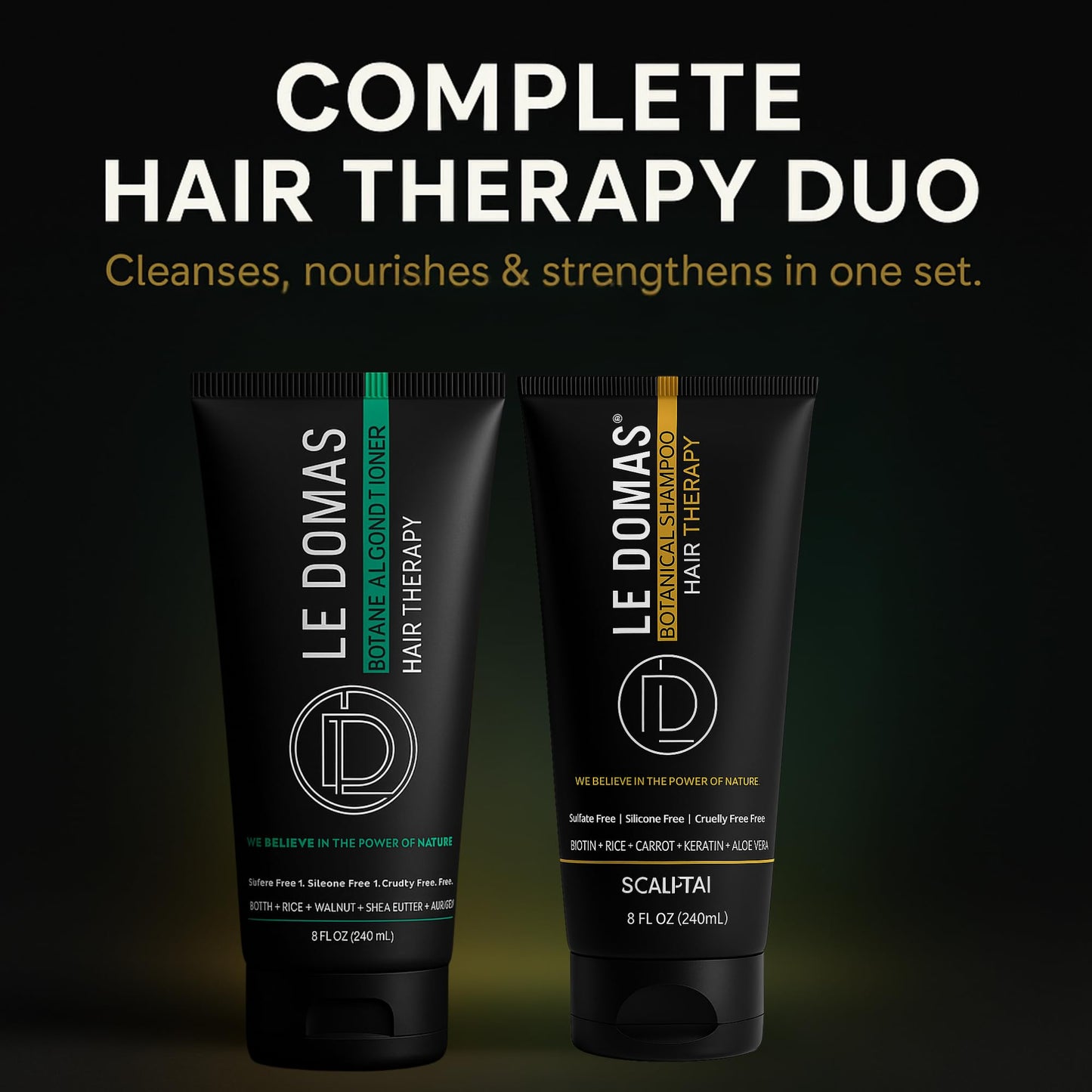 LE DOMAS Botanical Shampoo and Conditioner Set – Sulfate Free Natural Therapy with Biotin, Aloe Vera & Rice - Moisturizing Hair Growth & Repair Formula for Dry, Curly & Color Treated Hair, 8oz Each