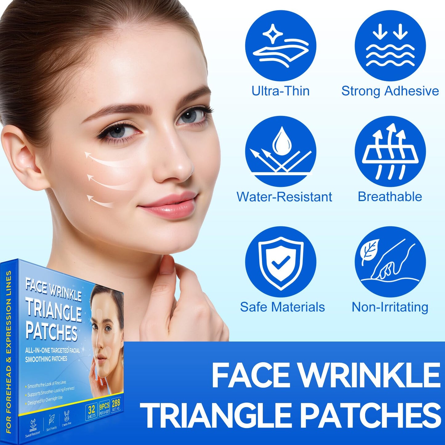 Forehead Wrinkle Patches, Anti-Wrinkle Face Triangle Patches 288 pcs*2 – Overnight Forehead & Expression Line Smoothing Patches – Frown, Smile & Marionette Lines – Reusable, Latex-Free & Skin Friendly