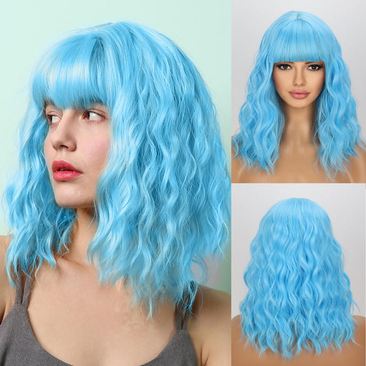 LINGHANG Short Blue Wavy Bob Wigs with Bangs for Women Loose Light Blue Wig Synthetic Shoulder Length Cosplay Wig for Girl Colorful Costume Wigs
